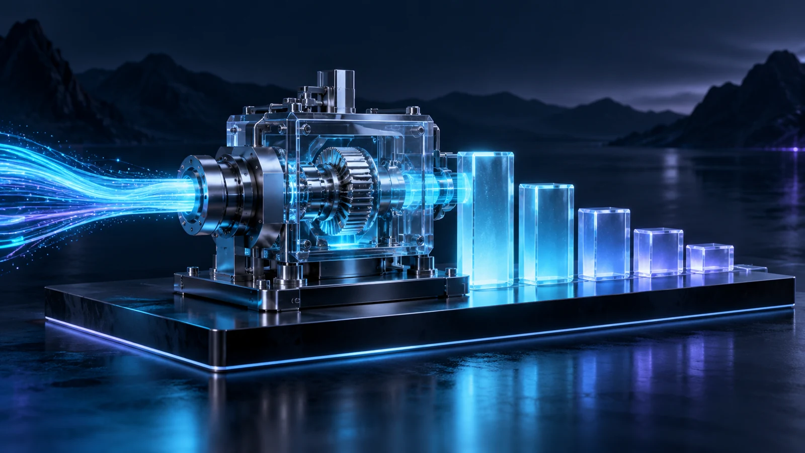 Conceptual industrial machine with an incoming cyan light stream and descending translucent blocks representing cost allocation over time.