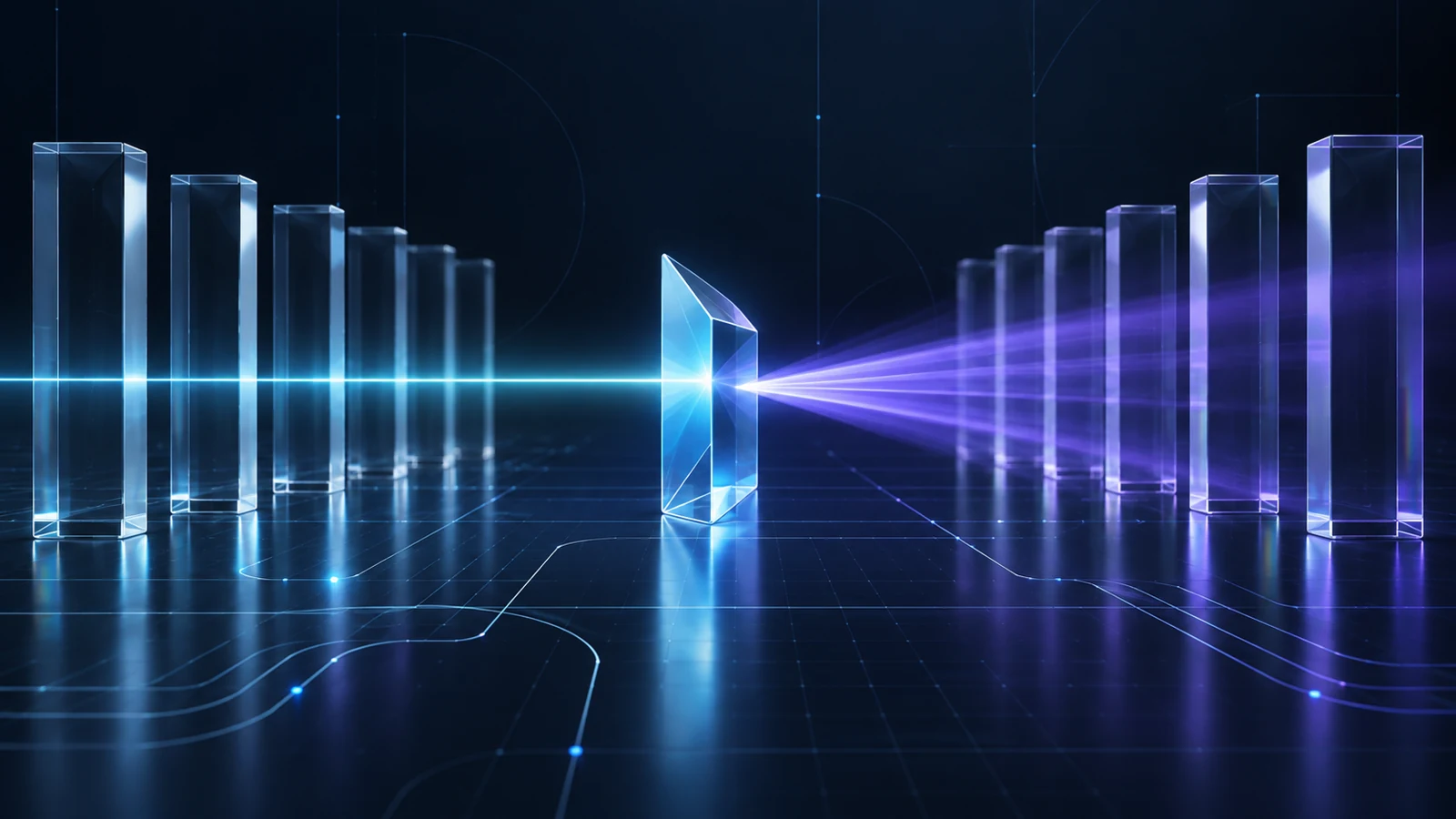 Conceptual glass columns and a cyan prism refracting violet light, illustrating currency translation rather than actual financial data.