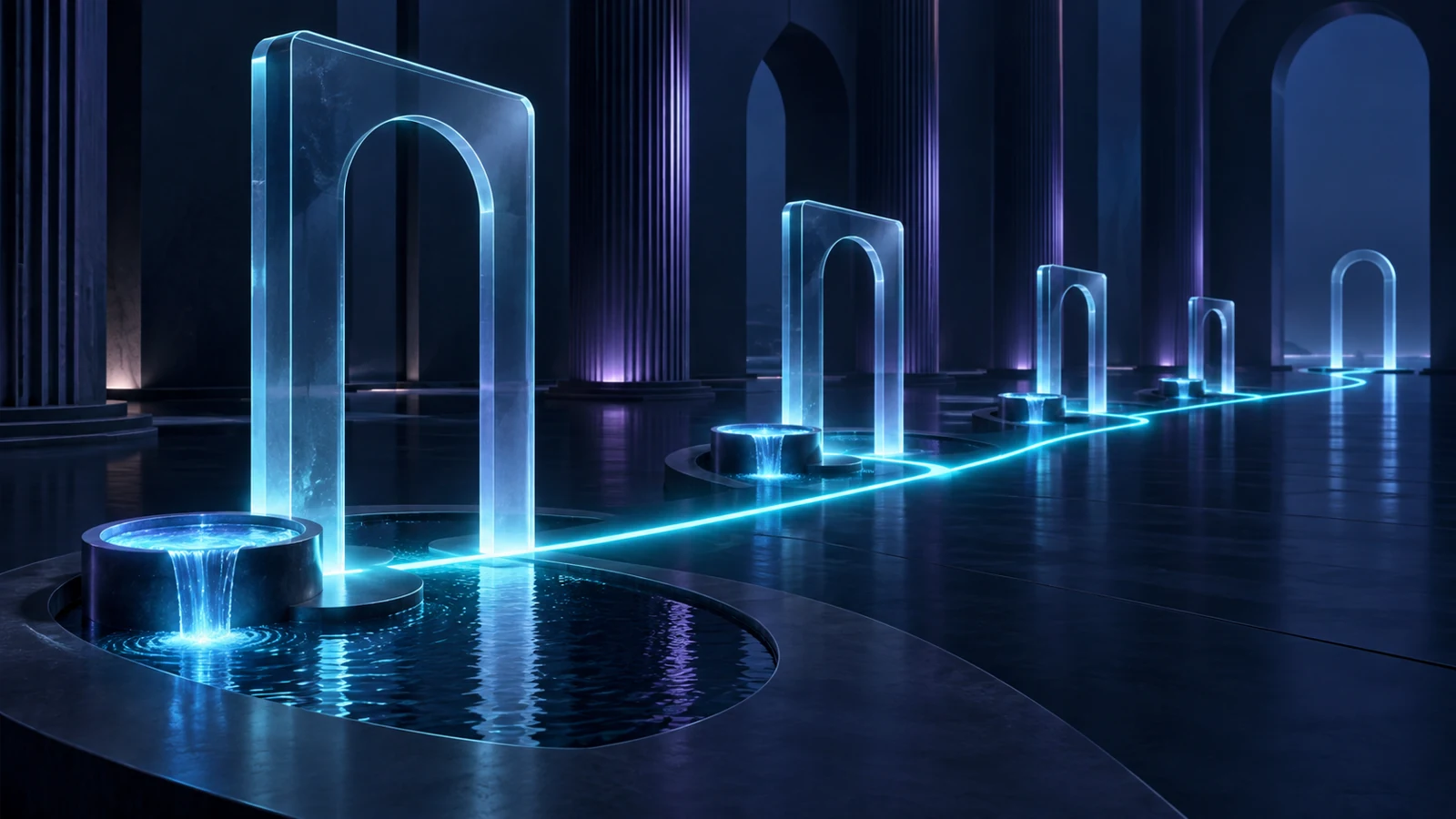 Conceptual glass gateways spaced along a glowing cyan path, illustrating a sequence of future financial checkpoints.