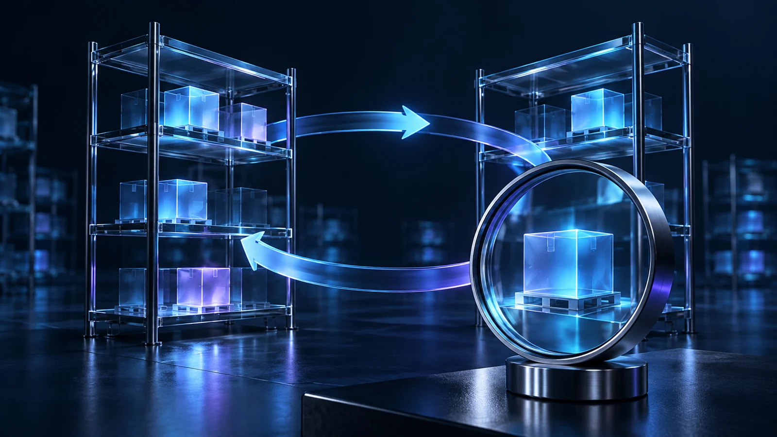 Conceptual glass warehouse shelves and a cyan circular flow ribbon, illustrating inventory movement and measurement.