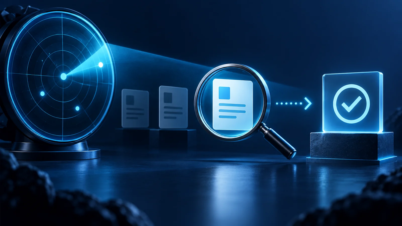 Conceptual cyan radar scanning document tiles through a magnifying glass on a navy background