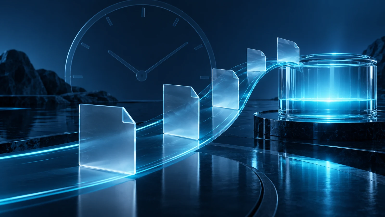 Conceptual glass documents following a cyan path toward a reservoir of light, with a translucent clock ring behind them.